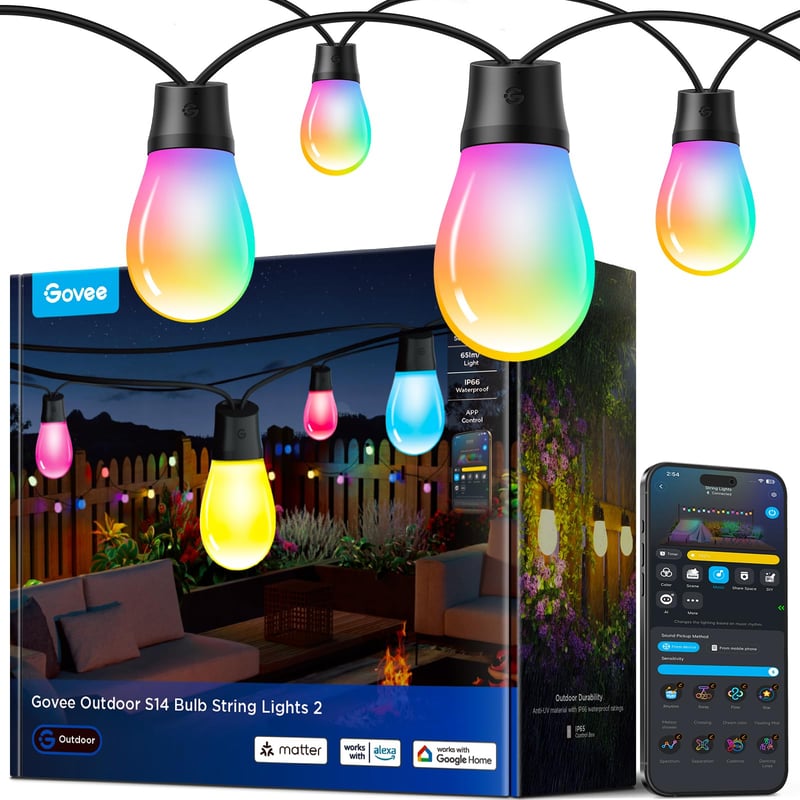 Govee RGBICW vanjski svjetlosni niz 15 m, 65 lm/LED, upravljanje putem aplikacije i WiFi-ja, IP66 vodootporan
