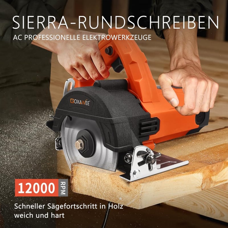 GOXAWEE Körfűrész 1800W Elektromos Fűrész Fához Műanyaghoz Fémhez 12000RPM 62mm Vágásmélység 4 Tárcsával