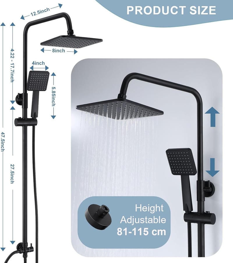 GOYOXOKY Zuhanysystem Rozsdamentes Acél Matt Fekete 20cm Fejzuhany és Kézi Zuhany