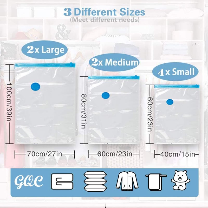 GQC Vákuumzsák Szett - 8 db Különböző Méretű, 100% Szivárgásmentes, Extra Erős Tárolózsák Ruhákhoz, Ágyneműhöz, Párnákhoz és Textíliákhoz