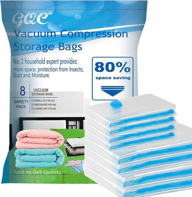 GQC Vákuumzsák Szett - 8 db Különböző Méretű, 100% Szivárgásmentes, Extra Erős Tárolózsák Ruhákhoz, Ágyneműhöz, Párnákhoz és Textíliákhoz