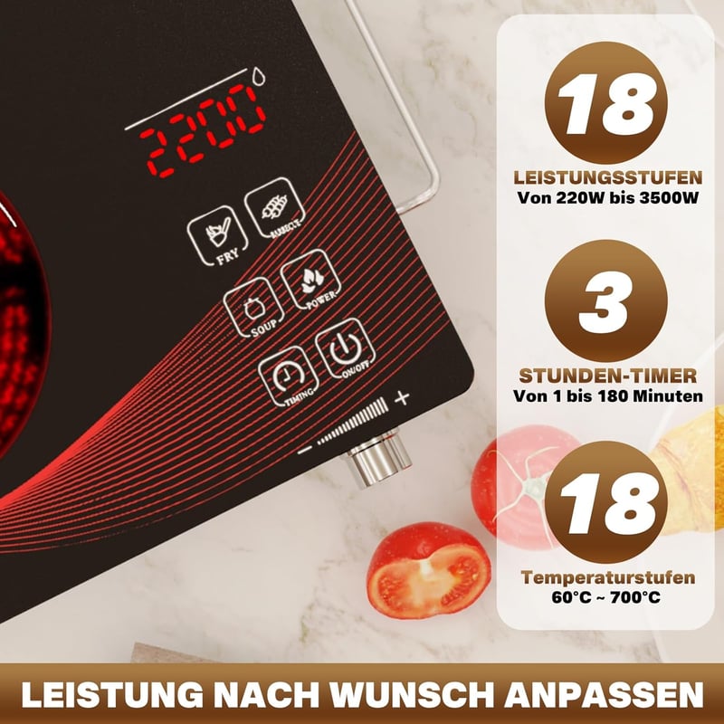 GRACEALL 2200W Infravörös Elektromos Főzőlap Hordozható Kompakt Konyhai Kemping