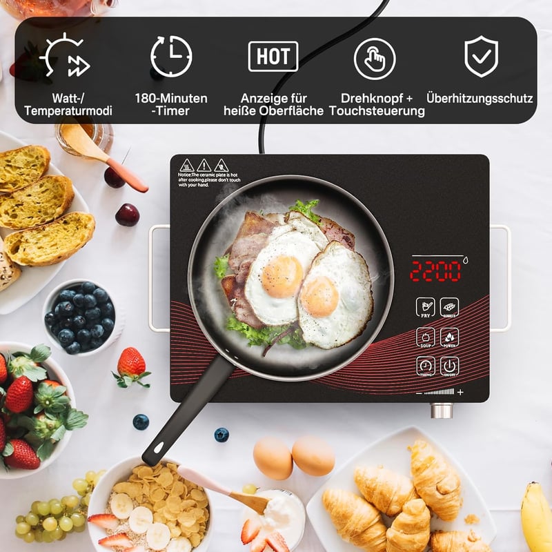 GRACEALL 2200W Infravörös Elektromos Főzőlap Hordozható Kompakt Konyhai Kemping