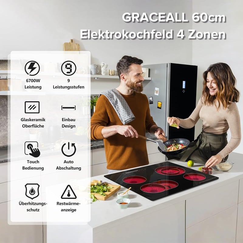 GRACEALL 60 cm üvegkerámia főzőlap 4 zónás infrainfra elektromos 230V 9 fokozat