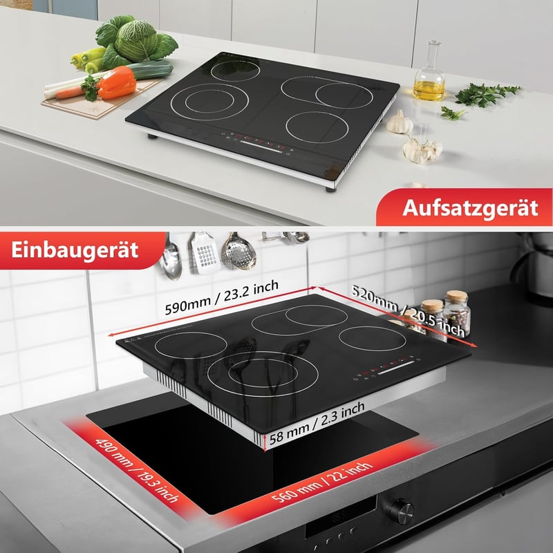 GRACEALL 60 cm üvegkerámia főzőlap 4 zónás infrainfra elektromos 230V 9 fokozat