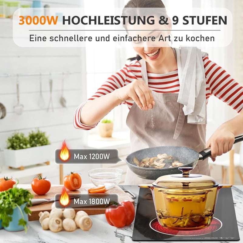 GRACEALL Slide-BT2 Üvegkerámia Főzőlap 2 Zónás 3000W 30cm Elektromos