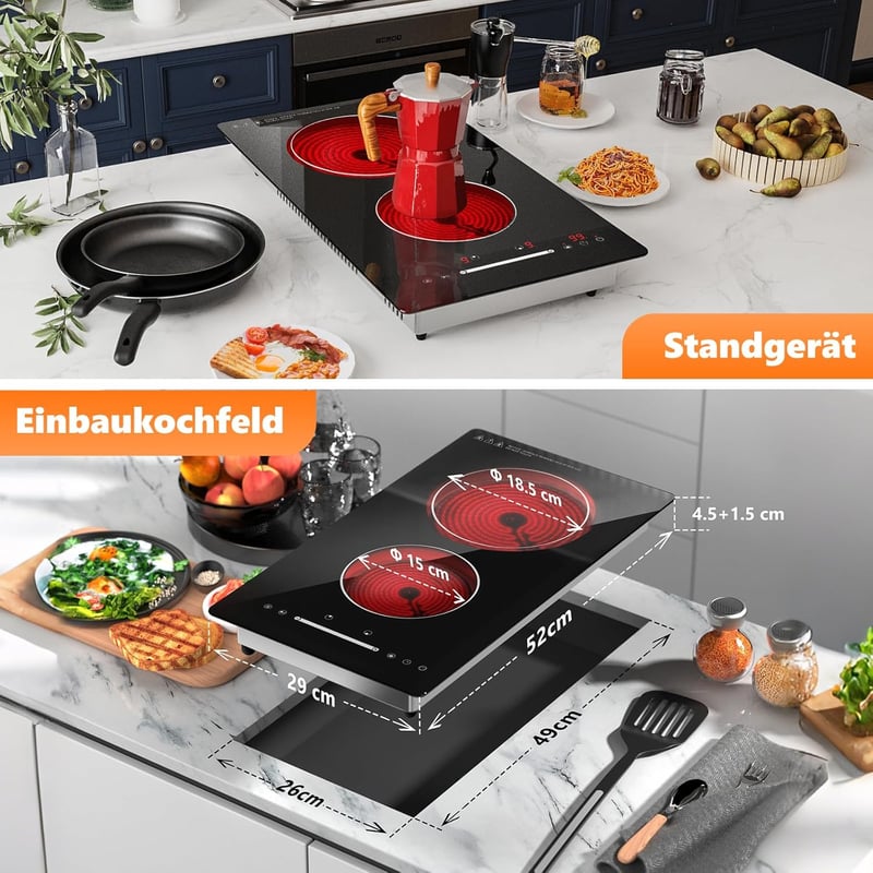 GRACEALL Slide-BT2 Üvegkerámia Főzőlap 2 Zónás 3000W 30cm Elektromos