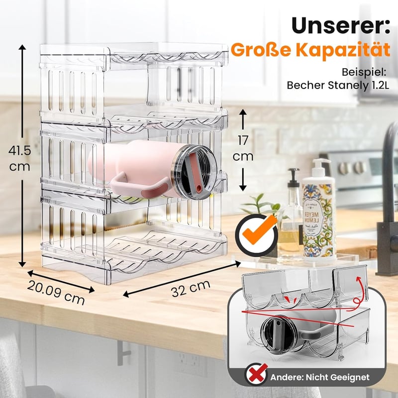 Gracenal 4 szintes palacktartó szekrénybe és hűtőbe, Stanley pohár organizer 1,2L palackokhoz