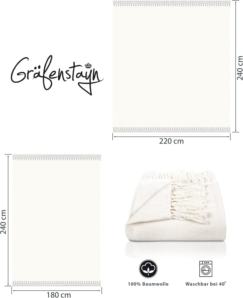 Gräfenstayn Premium Ágytakaró 220x240 cm Halszálka Mintás Krém Pamut Pléd - 220 x 240 cm, cream