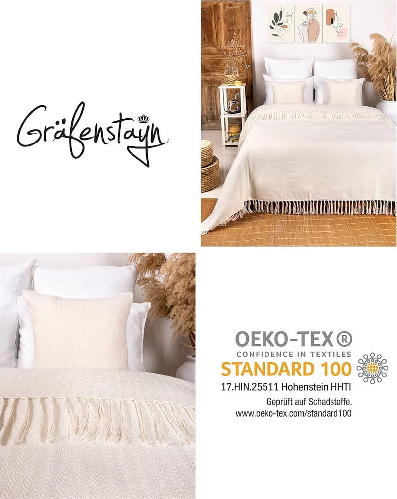 Gräfenstayn Premium Ágytakaró 220x240 cm Halszálka Mintás Krém Pamut Pléd - 220 x 240 cm, cream