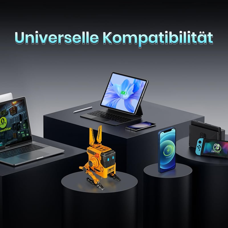 GravaStar Alpha 65W Robot GaN USB-C Töltő - 3 Portos Gyorstöltő iPhone, MacBook, Steam Deck Készülékekhez - Sárga Mecha Dizájn