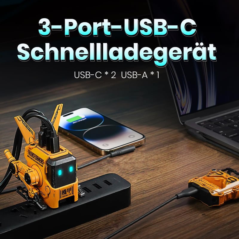 GravaStar Alpha 65W Robot GaN USB-C Töltő - 3 Portos Gyorstöltő iPhone, MacBook, Steam Deck Készülékekhez - Sárga Mecha Dizájn