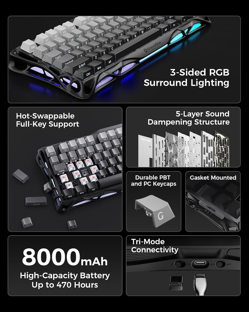 GravaStar Mercury K1 75% Mechanikus Gaming Billentyűzet Alumínium Exoskeleton RGB