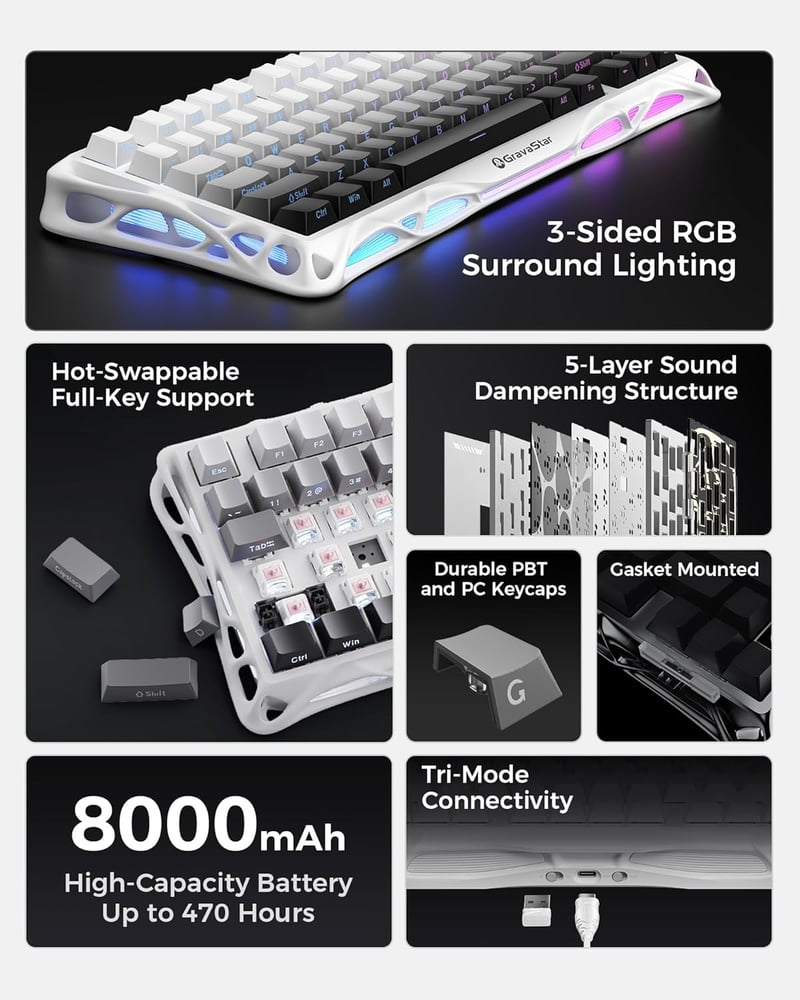 GravaStar Mercury K1 75% Mechanikus Gaming Billentyűzet Alumínium Exoskeleton RGB