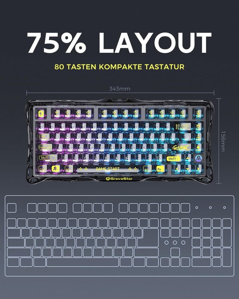 GravaStar Mercury K1 Lite 75% Wireless Gaming Billentyűzet RGB Háttérvilágítással