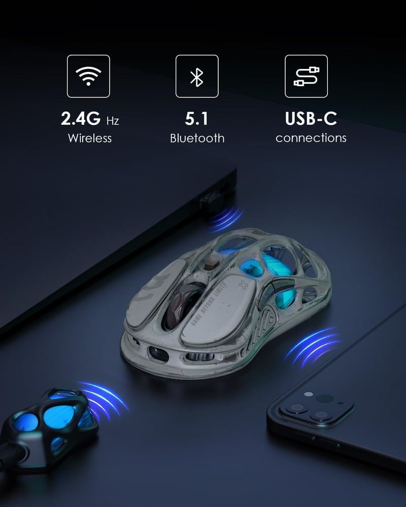 GravaStar Mercury M1 Pro Gamer Egér, 26000 DPI, 88g Könnyű Üreges Dizájn, 4K Vevőegység, 5 Programozható Gomb, RGB Világítás, Ezüst