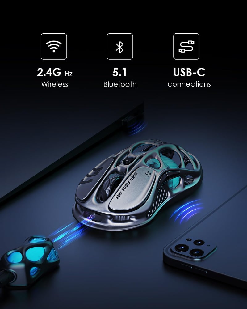 GravaStar Mercury M1 Pro Vezeték Nélküli Gaming Egér, 4K Hz, Magnézium Ötvözet, 26000 DPI, PAW3395 Szenzor, RGB Világítás, Üreges Dizájn - S