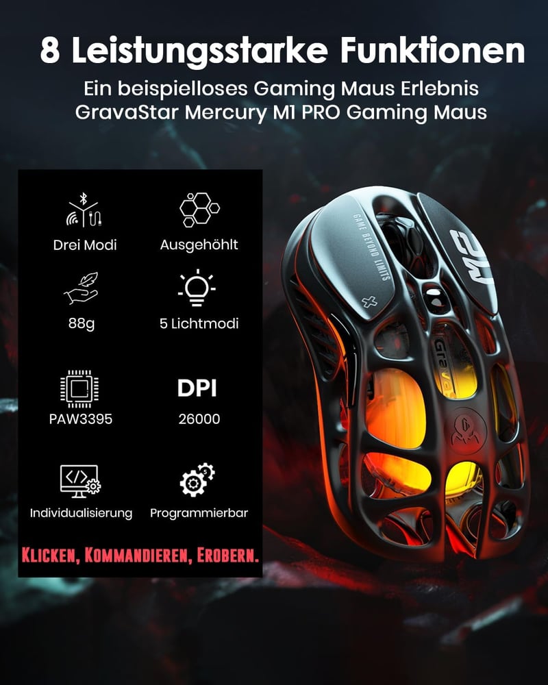 GravaStar Mercury M2 Vezeték Nélküli Gamer Egér - 26000 DPI PAW3395 Szenzor, 79g Ultrakönnyű, 5 RGB Mód, Programozható Gombok, 3 Csatlakozás
