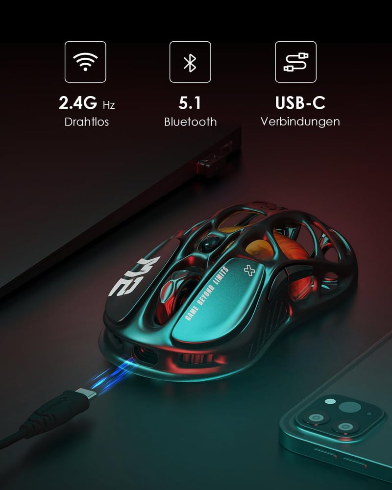 GravaStar Mercury M2 Vezeték Nélküli Gamer Egér - 26000 DPI PAW3395 Szenzor, 79g Ultrakönnyű, 5 RGB Mód, Programozható Gombok, 3 Csatlakozás