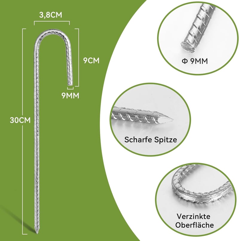 Graxury 10 db 30 cm-es trampolín föld rögzítő szög - rozsdamentes acél J-horog