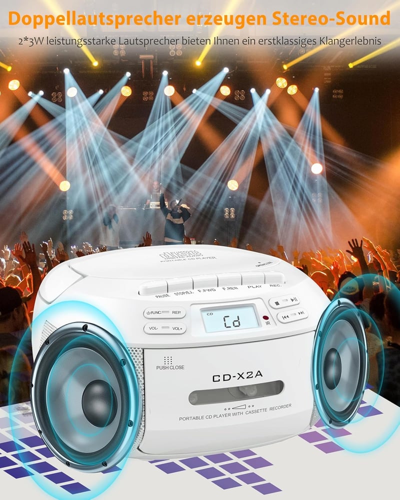 Greadio Hordozható CD Lejátszó Bluetooth-szal - Kazettás Boombox, FM Rádió, Távirányító, USB/AUX Lejátszás, LCD Kijelző, Fehér