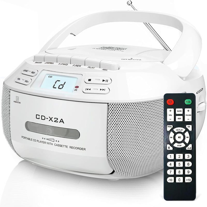 Greadio Hordozható CD Lejátszó Bluetooth-szal - Kazettás Boombox, FM Rádió, Távirányító, USB/AUX Lejátszás, LCD Kijelző, Fehér
