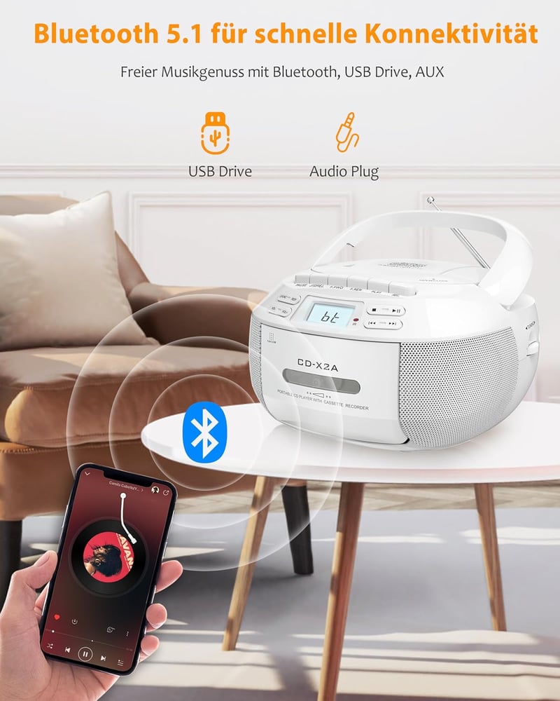 Greadio Hordozható CD Lejátszó Bluetooth-szal - Kazettás Boombox, FM Rádió, Távirányító, USB/AUX Lejátszás, LCD Kijelző, Fehér
