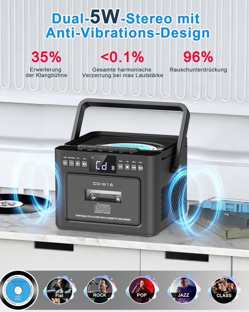 Greadio Hordozható CD Lejátszó Kazettás Magnóval, Bluetooth 5.1, FM Rádió, 5000 mAh Akkumulátor, Távirányító, 5W Hangszóró, LED Kijelző, Fek