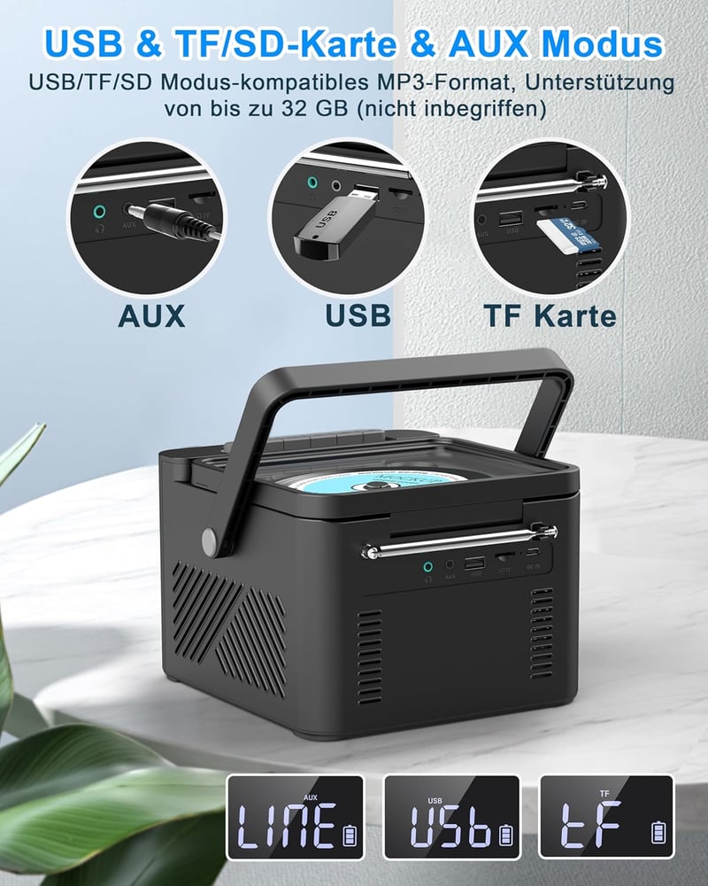 Greadio Hordozható CD Lejátszó Kazettás Magnóval, Bluetooth 5.1, FM Rádió, 5000 mAh Akkumulátor, Távirányító, 5W Hangszóró, LED Kijelző, Fek