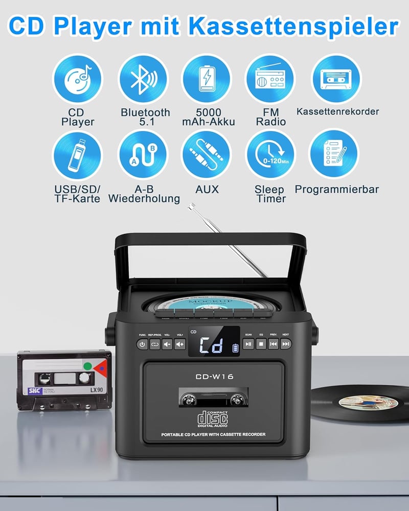 Greadio Hordozható CD Lejátszó Kazettás Magnóval, Bluetooth 5.1, FM Rádió, 5000 mAh Akkumulátor, Távirányító, 5W Hangszóró, LED Kijelző, Fek