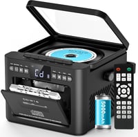 Greadio Hordozható CD Lejátszó Kazettás Magnóval, Bluetooth 5.1, FM Rádió, 5000 mAh Akkumulátor, Távirányító, 5W Hangszóró, LED Kijelző, Fek 1