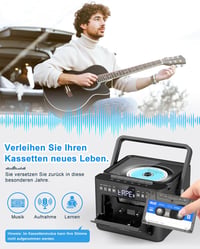 Greadio Hordozható CD Lejátszó Kazettás Magnóval, Bluetooth 5.1, FM Rádió, 5000 mAh Akkumulátor, Távirányító, 5W Hangszóró, LED Kijelző, Fek 3