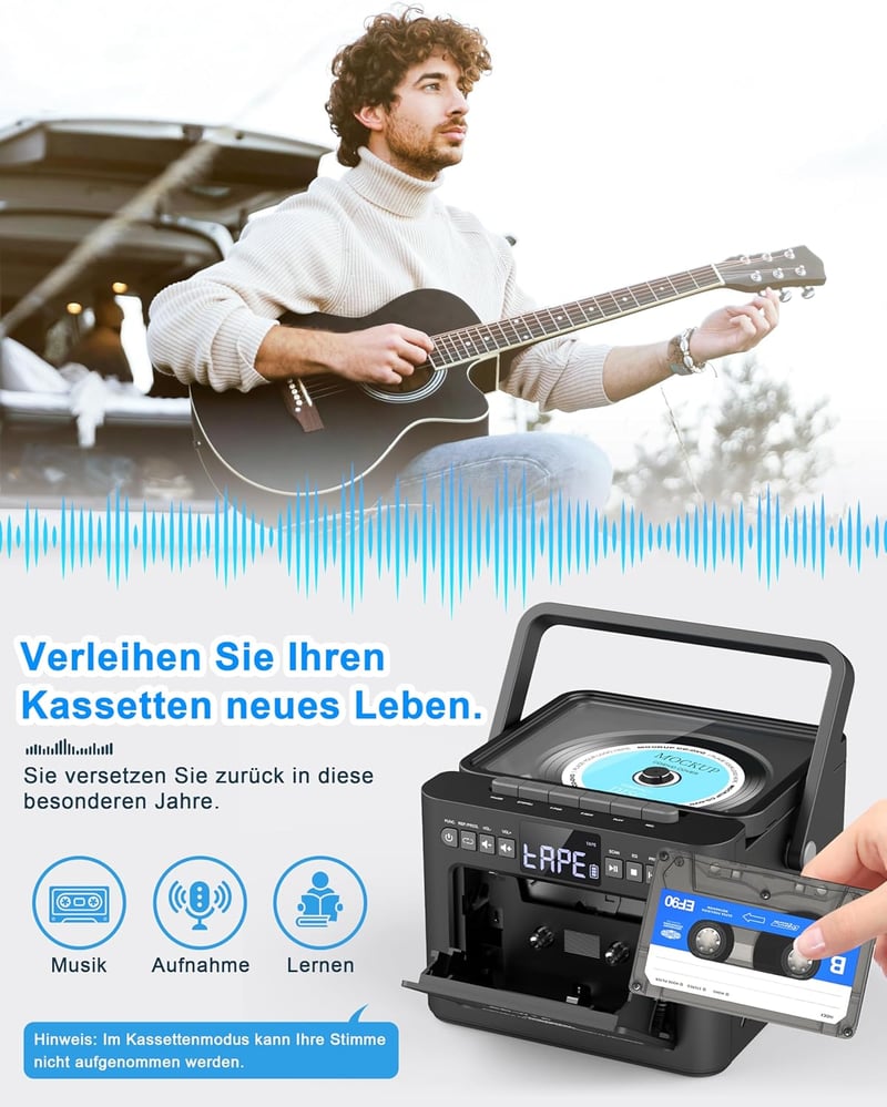Greadio Hordozható CD Lejátszó Kazettás Magnóval, Bluetooth 5.1, FM Rádió, 5000 mAh Akkumulátor, Távirányító, 5W Hangszóró, LED Kijelző, Fek