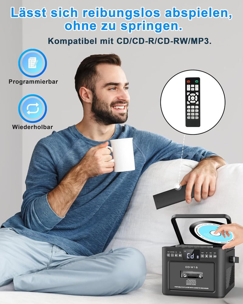 Greadio Hordozható CD Lejátszó Kazettás Magnóval, Bluetooth 5.1, FM Rádió, 5000 mAh Akkumulátor, Távirányító, 5W Hangszóró, LED Kijelző, Fek