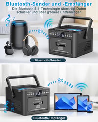 Greadio Hordozható CD Lejátszó Kazettás Magnóval, Bluetooth 5.1, FM Rádió, 5000 mAh Akkumulátor, Távirányító, 5W Hangszóró, LED Kijelző, Fek 4