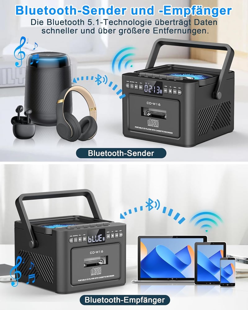 Greadio Hordozható CD Lejátszó Kazettás Magnóval, Bluetooth 5.1, FM Rádió, 5000 mAh Akkumulátor, Távirányító, 5W Hangszóró, LED Kijelző, Fek