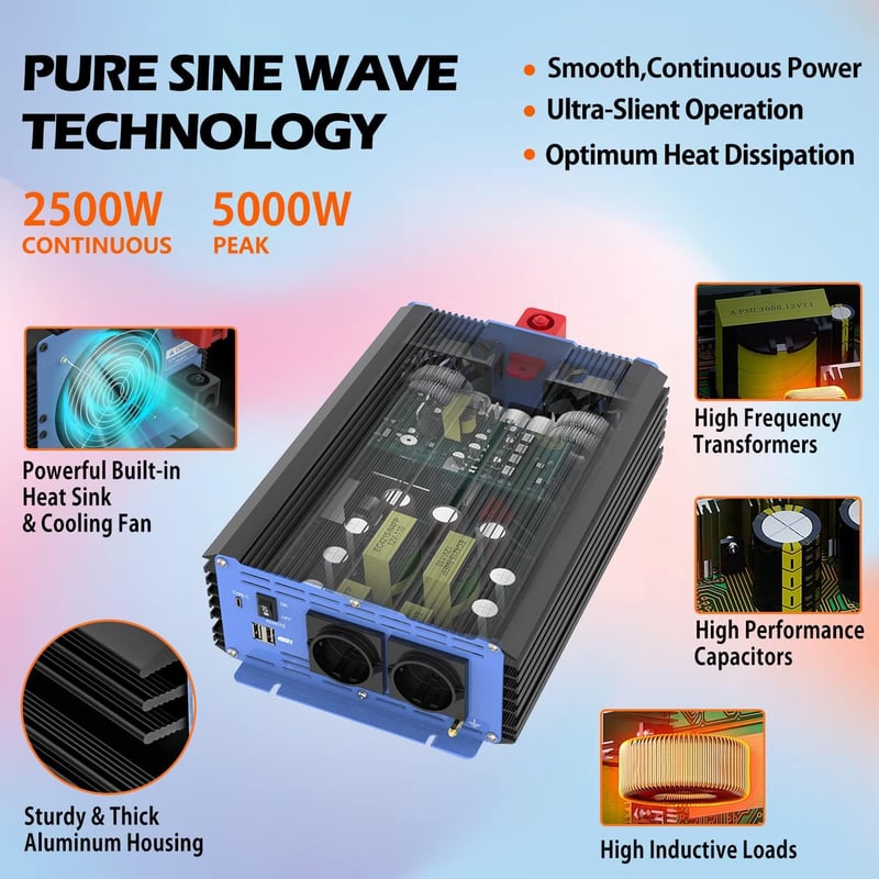 GREANTECK 2500W Tiszta Szinusz Inverter 12V-220V LCD Kijelzővel Távirányítóval USB-C