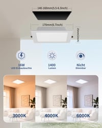 Grebeam 6 ks LED zapustené bodové svietidlo 16W 3CCT 1400lm štvorcové stropné svietidlo 230V IP44 ultratenké 25mm montážny otvor Ø145-160mm teplá neutrálna studená biela 2