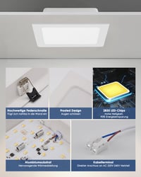 Grebeam 6 ks LED zapustené bodové svietidlo 16W 3CCT 1400lm štvorcové stropné svietidlo 230V IP44 ultratenké 25mm montážny otvor Ø145-160mm teplá neutrálna studená biela 5