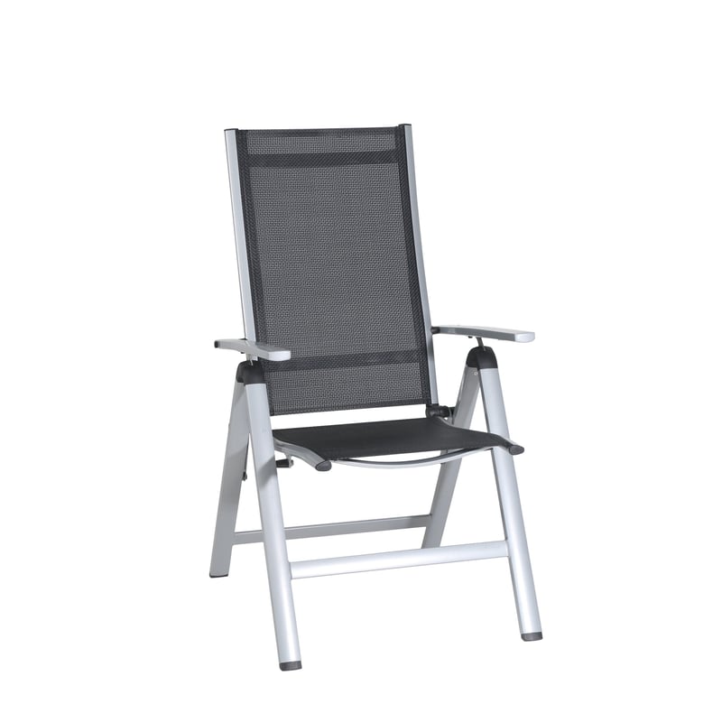 Scaun pliabil Greemotion Monza argintiu/negru, cu spătar reglabil în 7 poziții, pentru utilizare în interior și exterior, suprafață șezut 41x42x44 cm