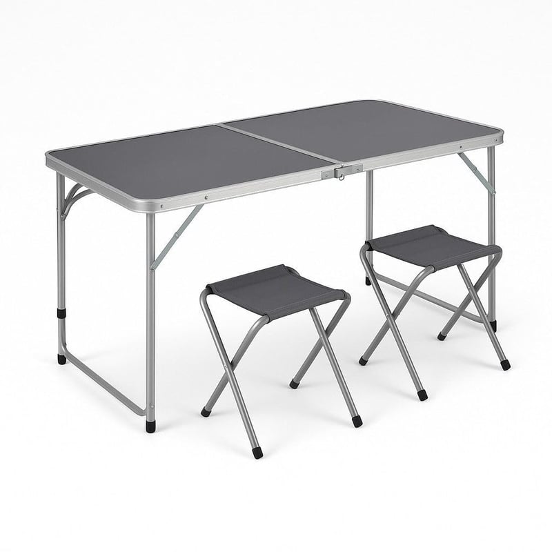 Skladací kempingový stôl so sadou 4 stoličiek Greemotion, 120x60x70 cm, sivý – ultraľahký piknikový a outdoorový stôl