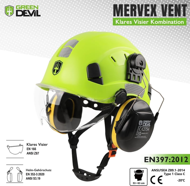 GREEN DEVIL 3 az 1-ben Erdészeti Védősisak EN397 Visierrel és Hallásvédővel