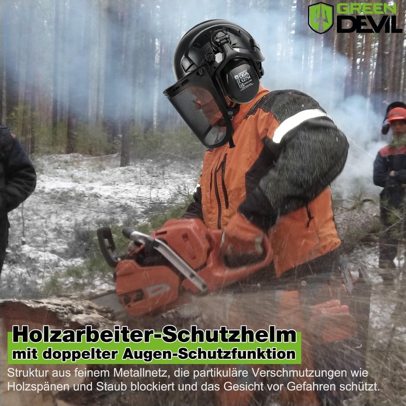 GREEN DEVIL Erdészeti Biztonsági Sisak EN397 Hálós Arcvédelem Fülvédővel