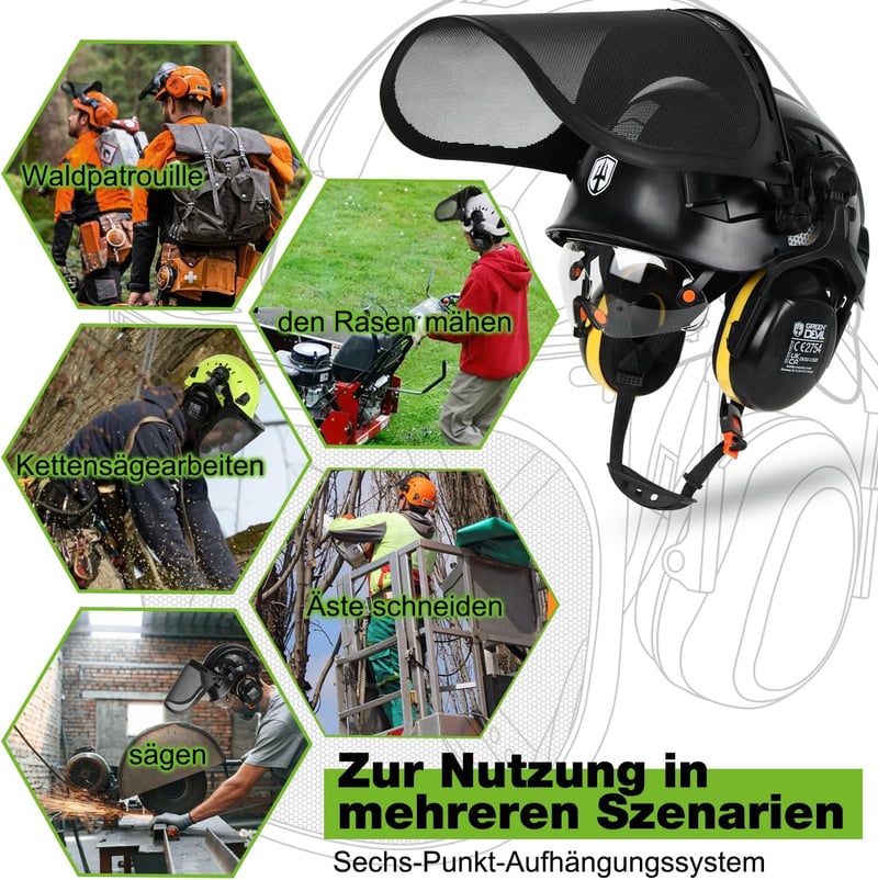 GREEN DEVIL Erdészeti Biztonsági Sisak EN397 Hálós Arcvédelem Fülvédővel