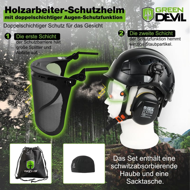 GREEN DEVIL Erdészeti Biztonsági Sisak EN397 Hálós Arcvédelem Fülvédővel