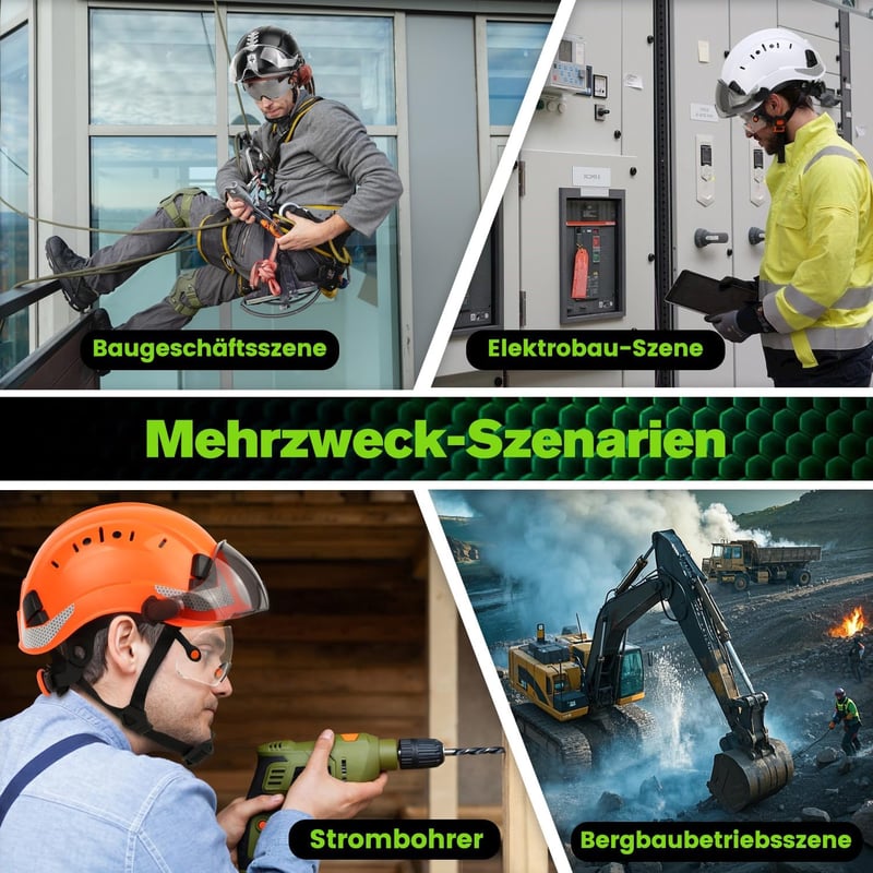GREEN DEVIL Ipari Védősisak Dupla Látómezővel - EN397 & EN166 Tanúsított, Szellőző ABS Munkavédelmi Sisak Építkezéshez, Füstszínű és Átlátsz