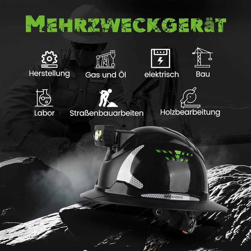 GREEN DEVIL Matrix teljes peremű OSHA építési sisak LED fejlámpa IPX5 és 6 pontos rendszer