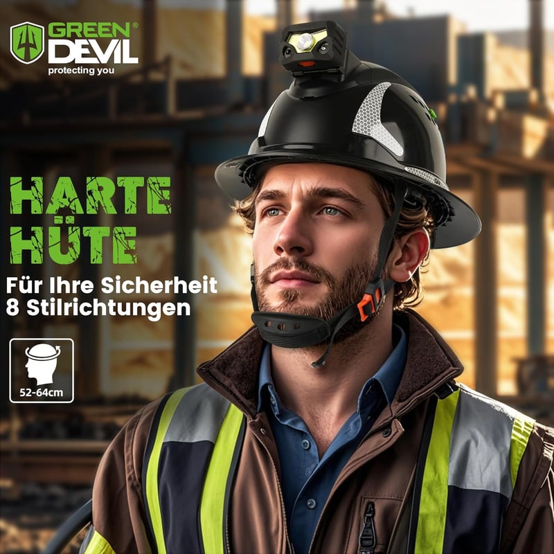 GREEN DEVIL Matrix teljes peremű OSHA építési sisak LED fejlámpa IPX5 és 6 pontos rendszer