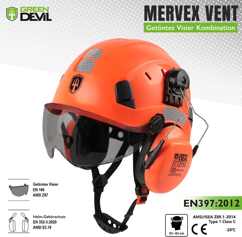 GREEN DEVIL Védősisak Átlátszó Arcvédővel és Fülvédővel - Állítható ABS Munkavédelmi Sisak Szellőzőnyílásokkal - EN 397 Ipari Védősisak Épít