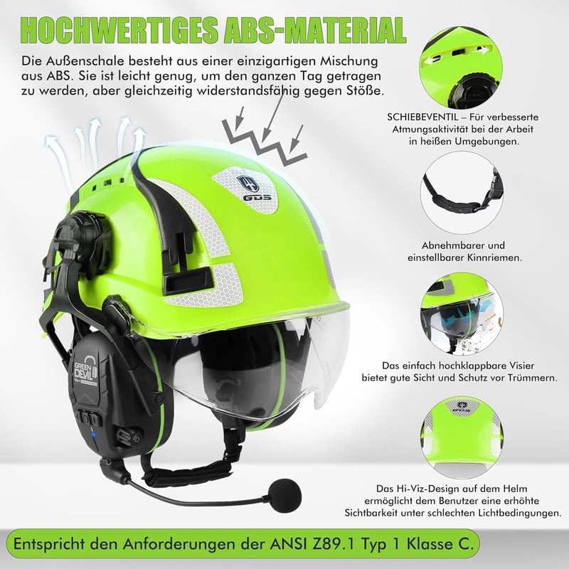 GREEN DEVIL X-Armor Védősisak Aktív Hallásvédelemmel, Átlátszó Rostéllyal, Bluetooth Funkcióval - 32dB SNR, EN397 Ipari Munkavédelmi Sisak